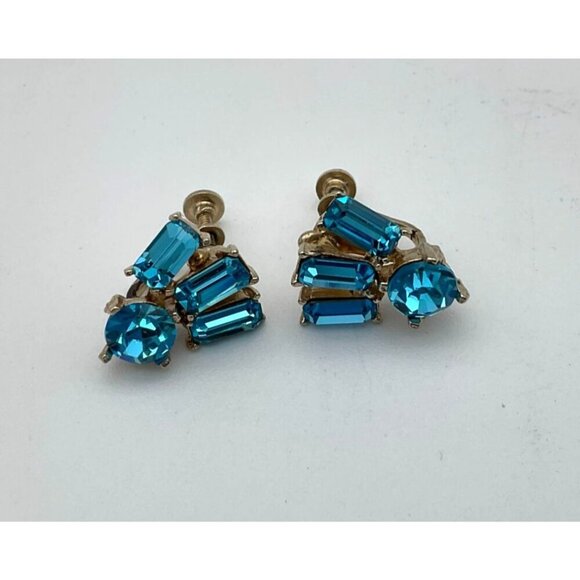 Vintage 1950s Art Deco Blue Zircon Screw Back Earrings With Emerald & Round Cut - Picture 1 of 3